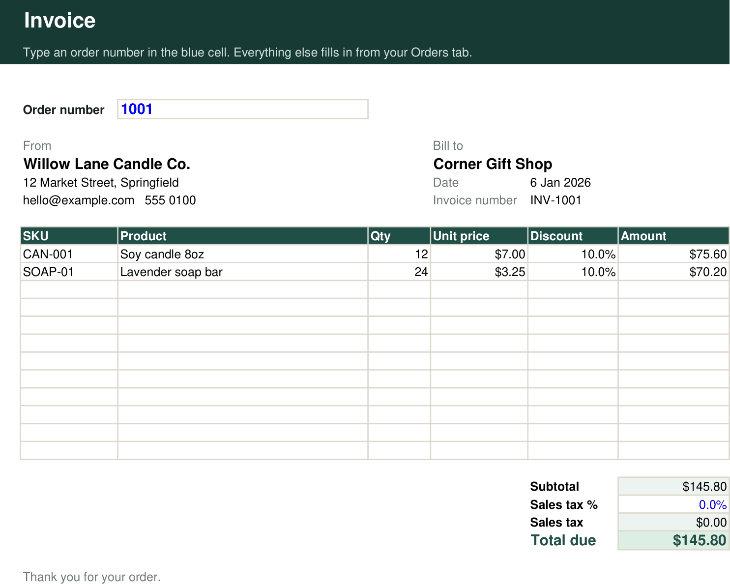 Invoice tab showing a finished invoice for order 1001.