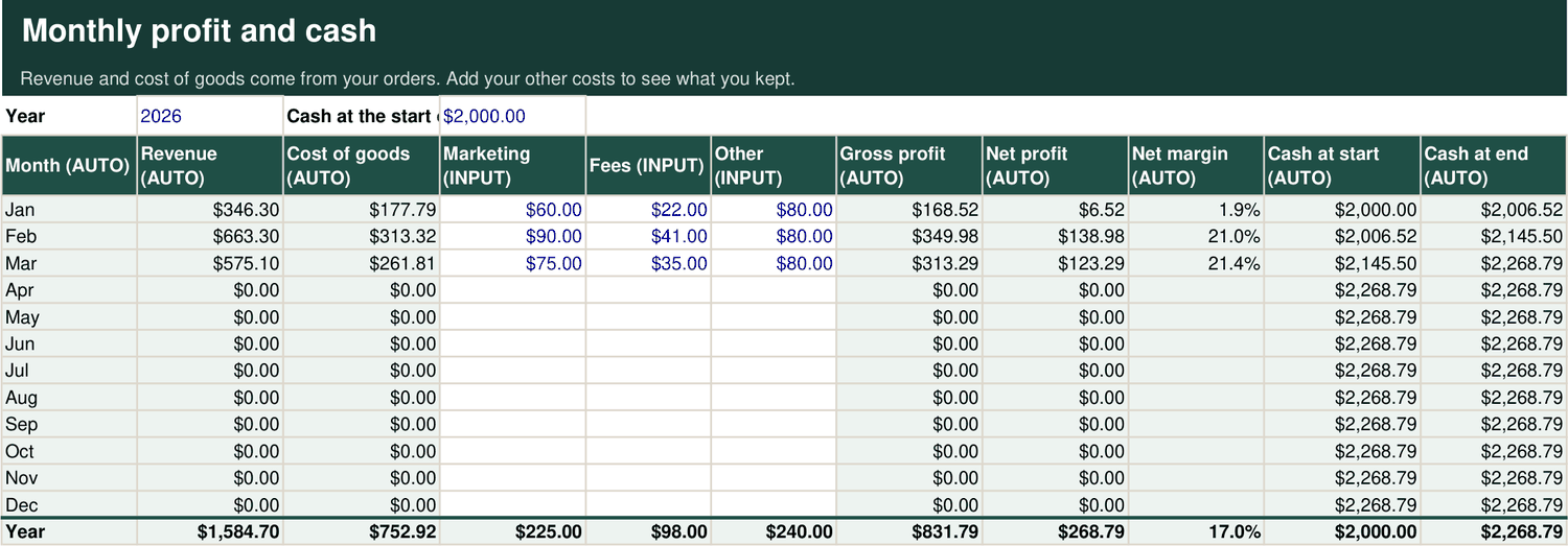 Monthly tab showing revenue, costs, net profit and cash for each month.